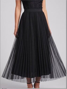Black Pleated Mesh Tulle High Waist A-Line Layered Skirt